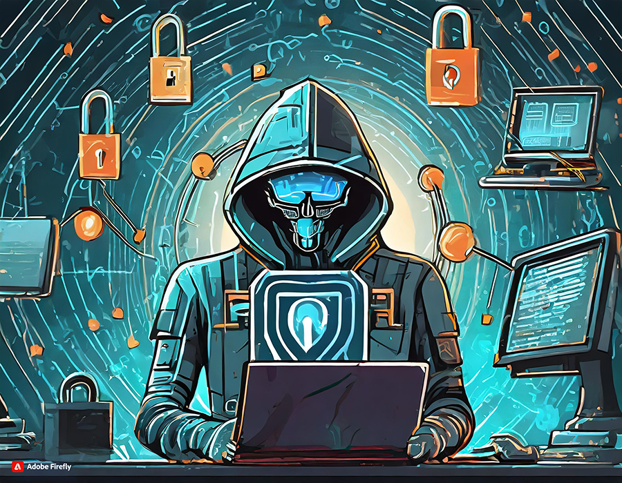 KI generiertes Bild eines gezeichneten Hackers mit Kapuzenpullover. Im Hintergrund sieht man Vorhängeschlösser und Bildschirme